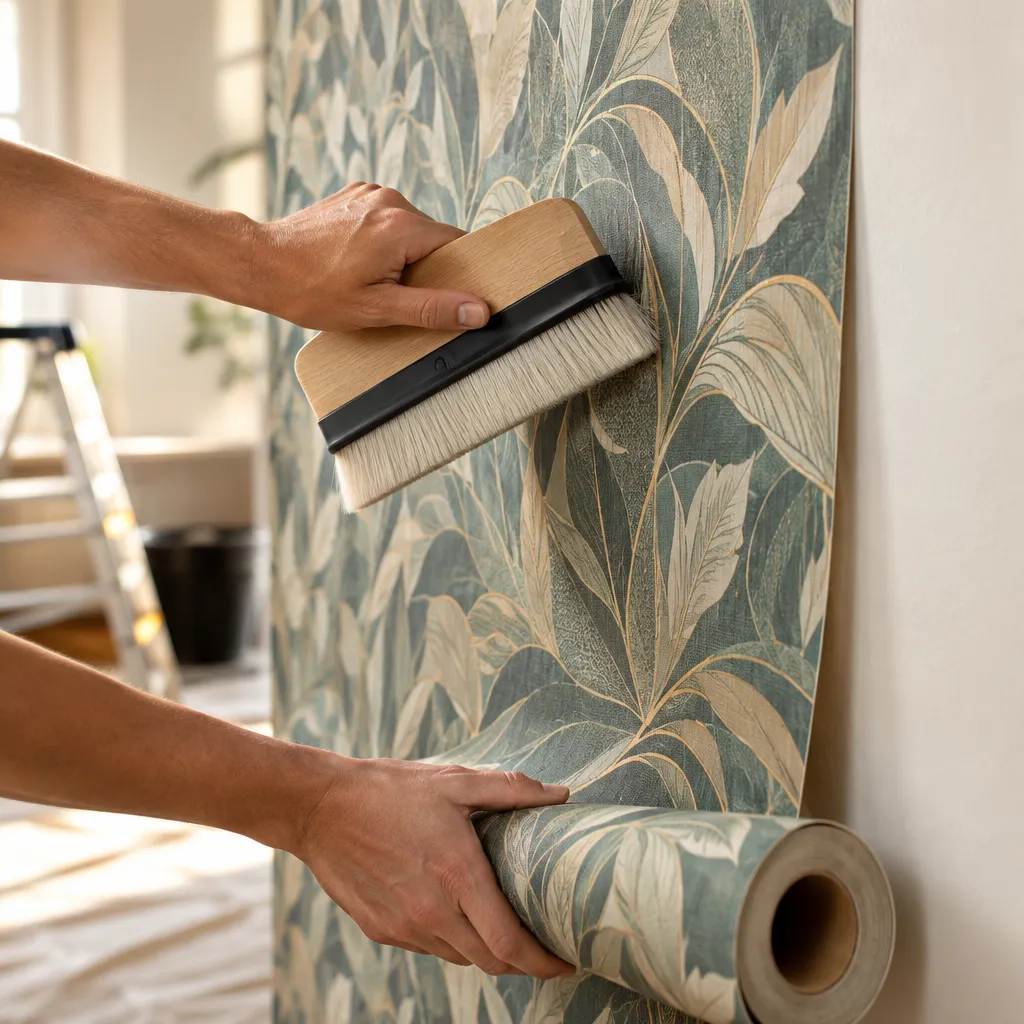 Pose de papier peint décoratif dans une chambre à Thouaré-sur-Loire